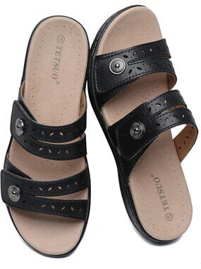 Women's Flat Sandals Dressy Summer Black Open Toe Walking Sandal Arch Support